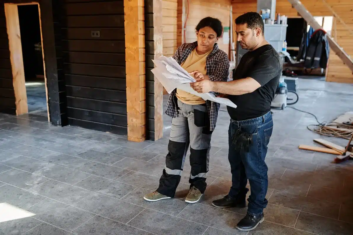 Professionnel examinant des devis détaillés et des plans de travaux