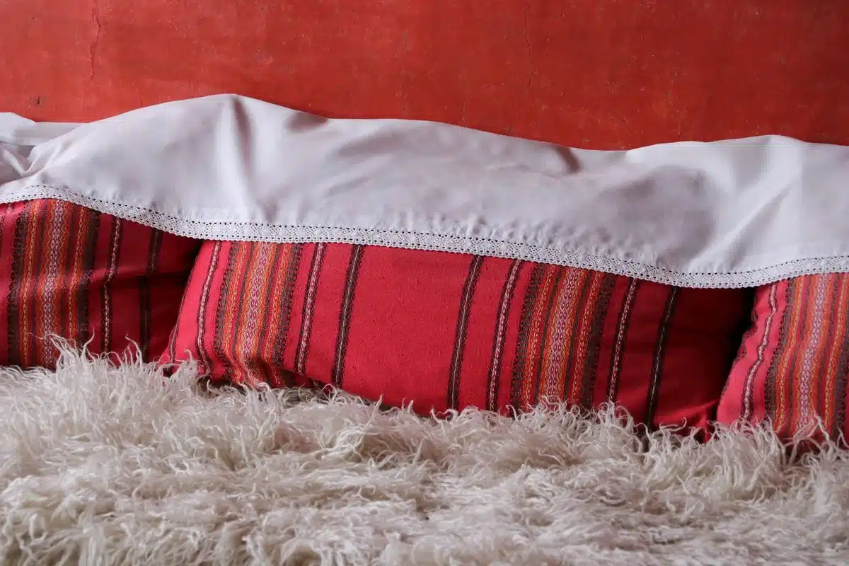 Détail de textures variées : coussins en lin, tapis chaud et plaids pour créer une ambiance riche.