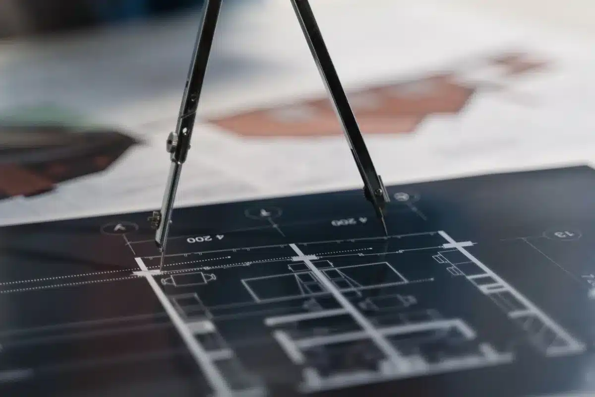 Professionnel travaillant sur des plans de maison avec des outils de dessin technique