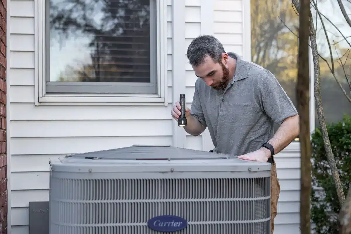 Professionnel examinant un devis détaillé de climatisation avec spécifications techniques