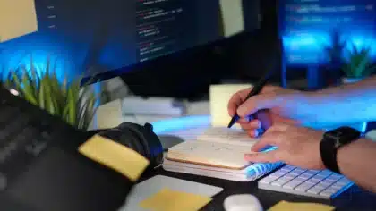 Personne consultant des documents de conformité et des listes de contrôle sur un bureau professionnel.