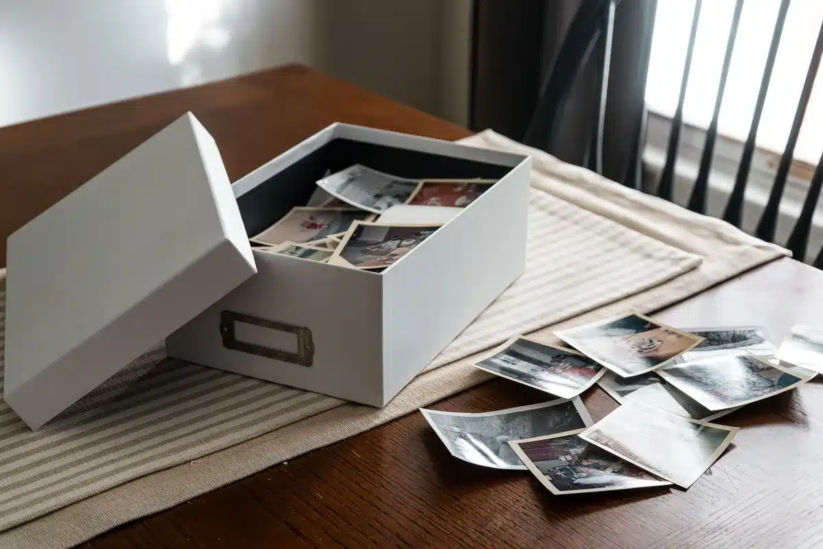 Étagère avec objets personnels, livres et photographies encadrées