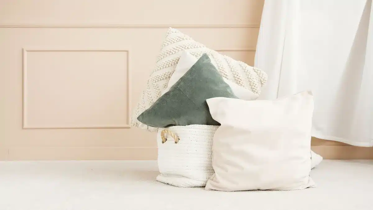 Coussins de différentes textures et teintes harmonisées sur un canapé familial