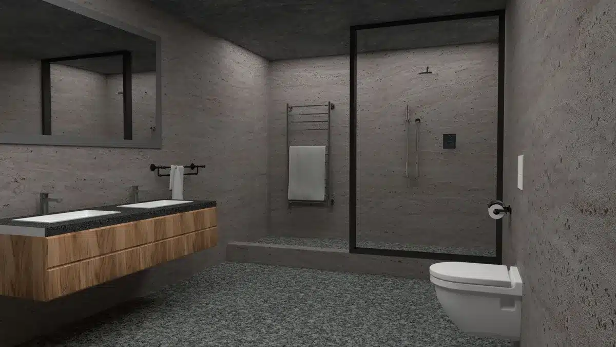 Salle de bain avec mur recouvert d'enduit chukum aux teintes minérales douces et aspect continu