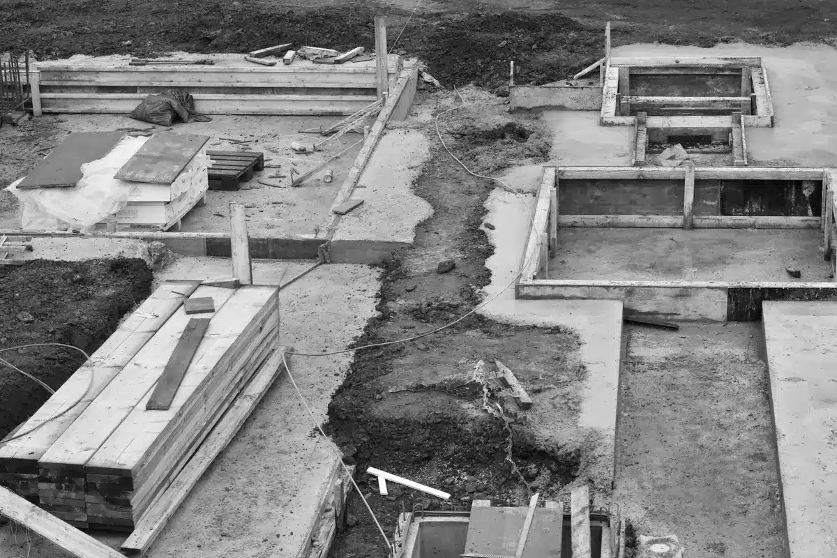Tranchée d'excavation avec béton de propreté et armatures en préparation pour coulage de semelle filante