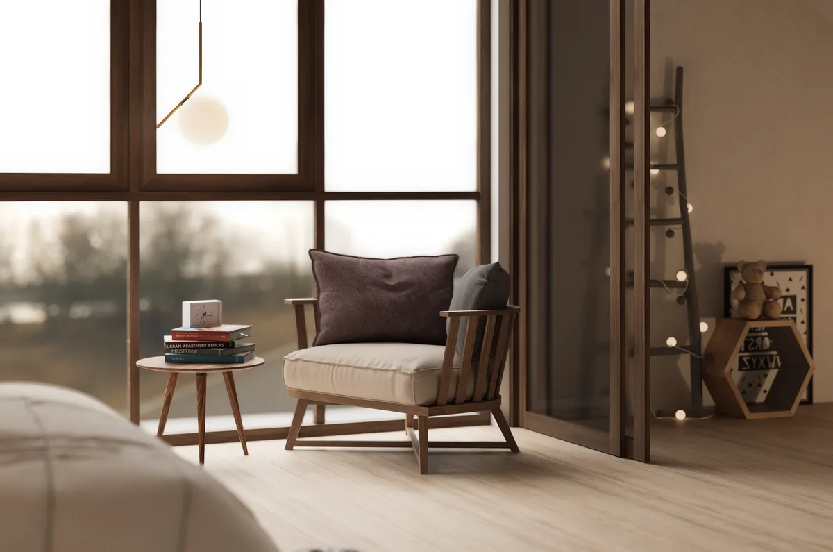 Coin lecture confortable avec fauteuil et lampe douce près d'une étagère de mangas