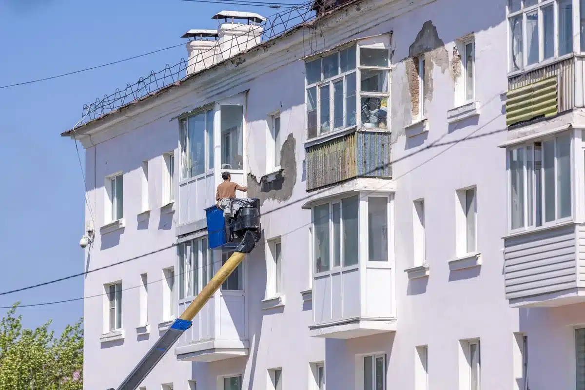 Façade d'immeuble en copropriété avec travaux de rénovation en cours