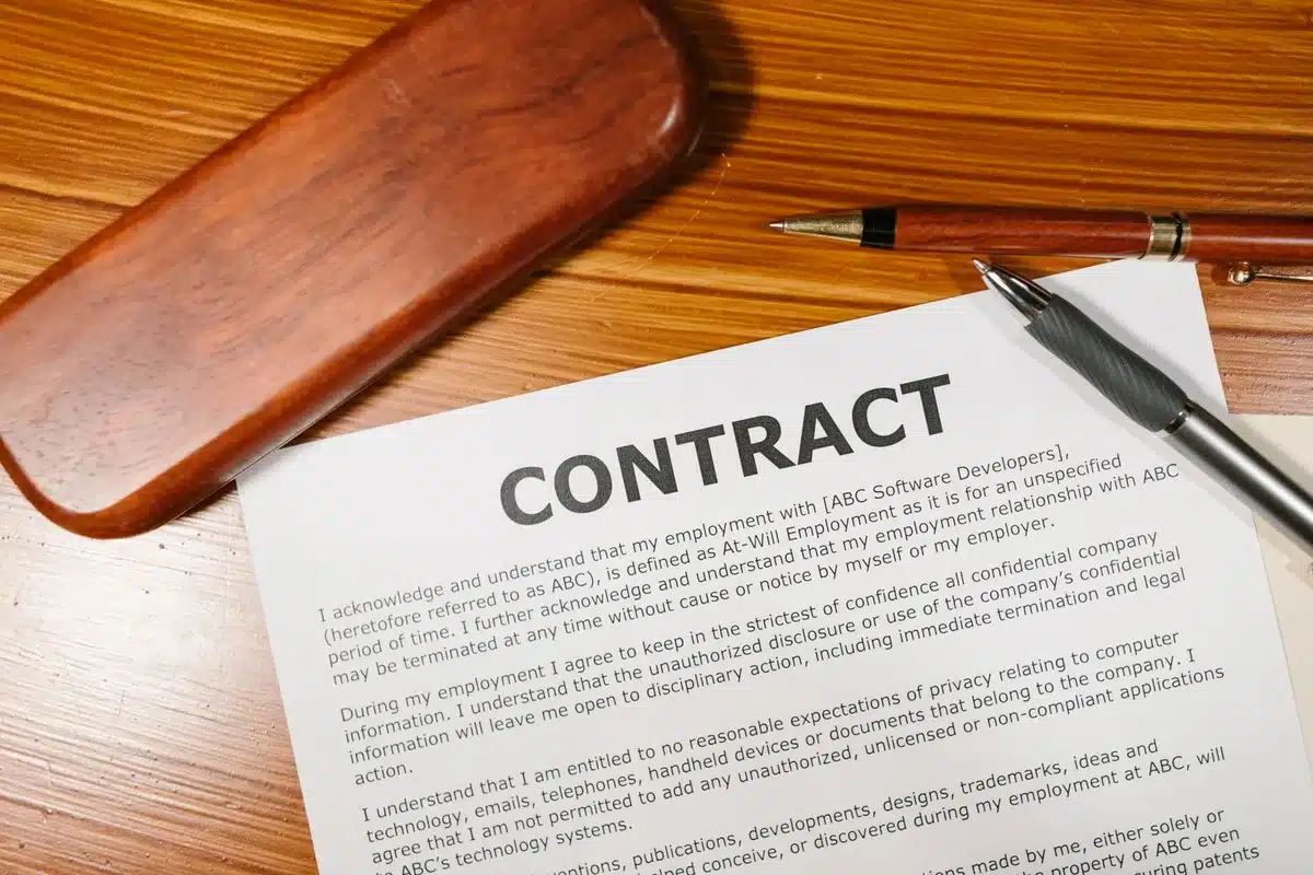 Mains tenant un contrat endommagé près d'outils de construction, symbolisant un litige de malfaçon