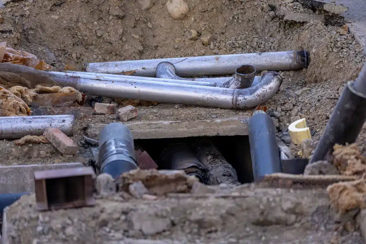 Tranchée de chantier avec tuyauteries et réseaux enterrés en cours de pose