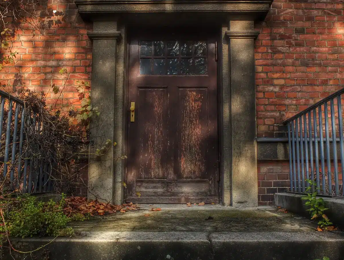 Entrée d'une maison avec un sas vitré protégeant de la pluie
