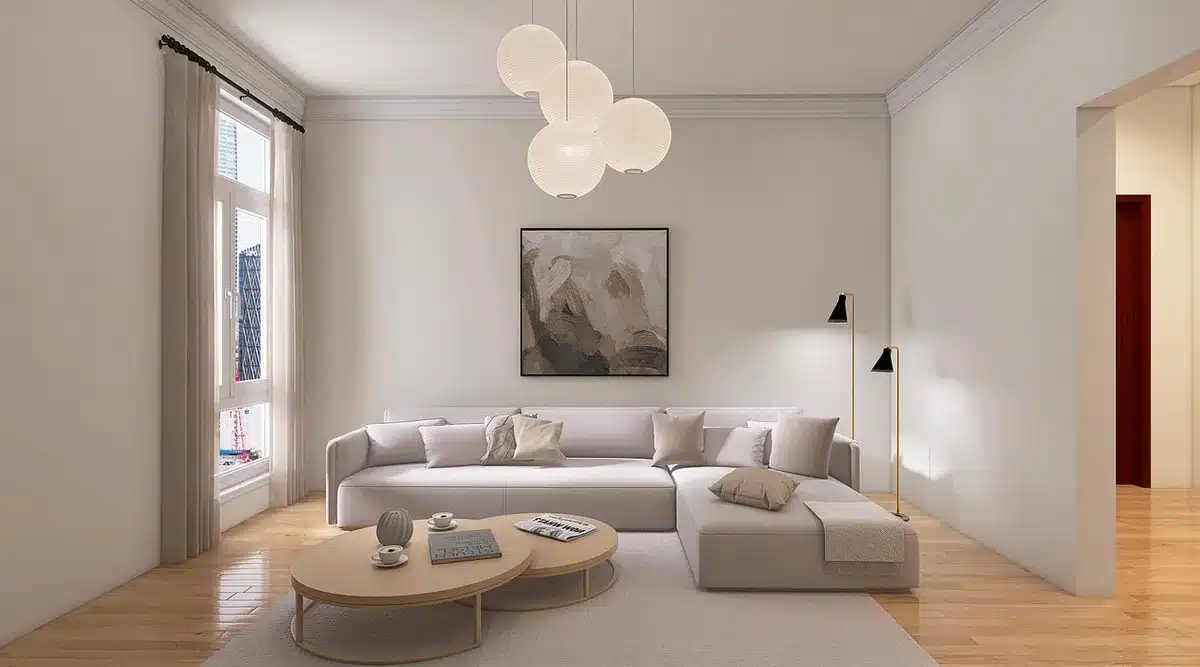 Canapé d'angle compact avec accoudoirs fins et pieds apparents dans un salon clair