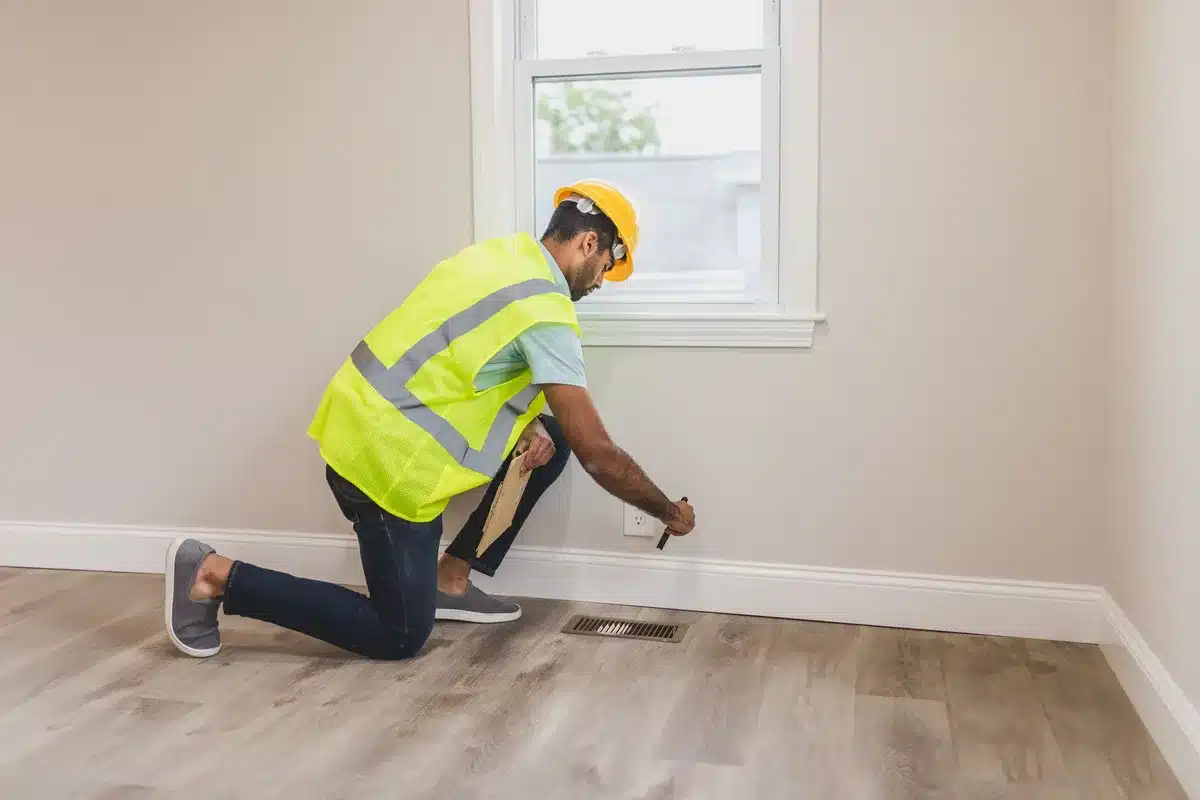 Expert tenant un diagnostic de performance énergétique devant un logement