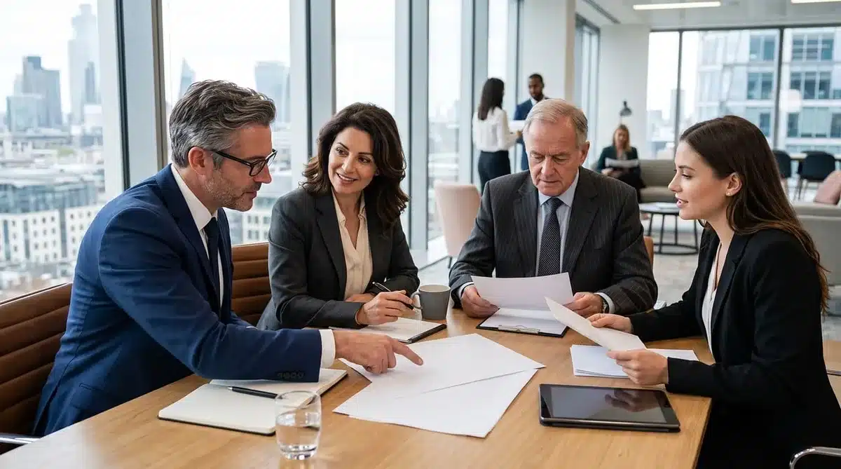 Discussion familiale autour d'une table avec documents explicatifs