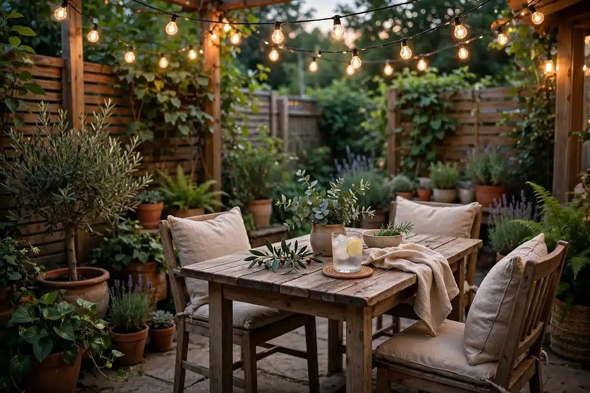 Table et chaises installées sur terrasse avec marques au sol indiquant l'emprise