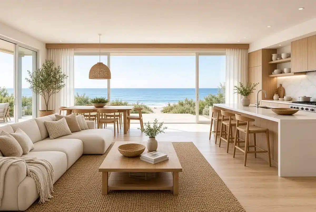 Salon ouvert avec terrasse et jardin visible par de grandes baies